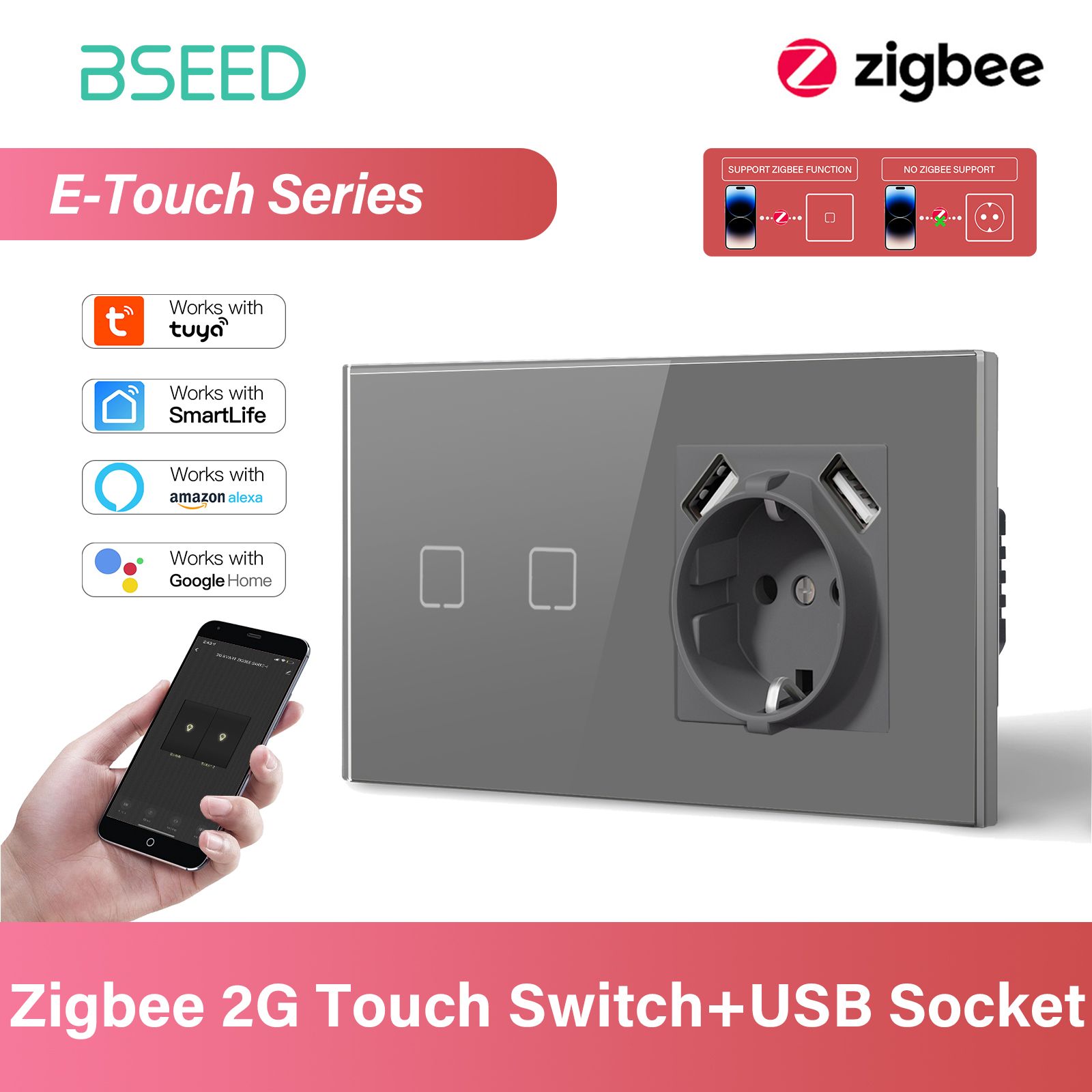 Умный сенсорный выключатель с розеткой с 2USB, 2 клавиши 1 розетка, ZIGBEE, Smart Life с Алисой