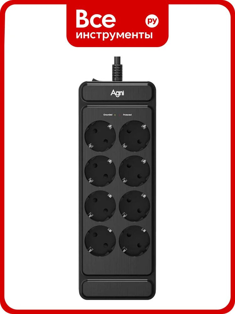 Сетевой фильтр AGNI плоский, 8 розеток, 3 метра, чёрный TP-FS8E-3m-black
