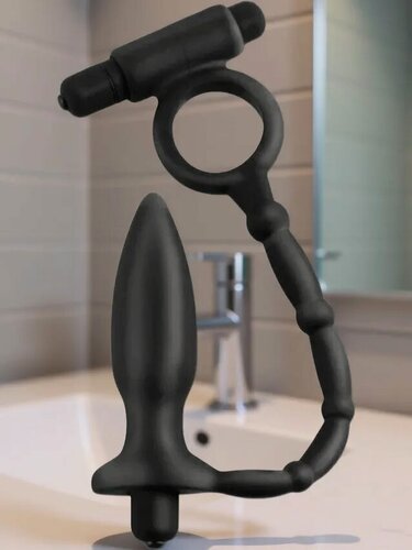Изображение товара SexExpert Эрекционное виброкольцо с анальным стимулятором Cockring and Anal Pleasure, черный