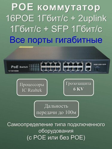 Изображение товара YDA Коммутатор POE свитч с 16POE 1000Мбит/с+2Uplink 1000Мбит/с+SFP 1Гбит/с порта, грозозащита 6KV, бюджет 200 Ватт, до 100 метров, черный матовый