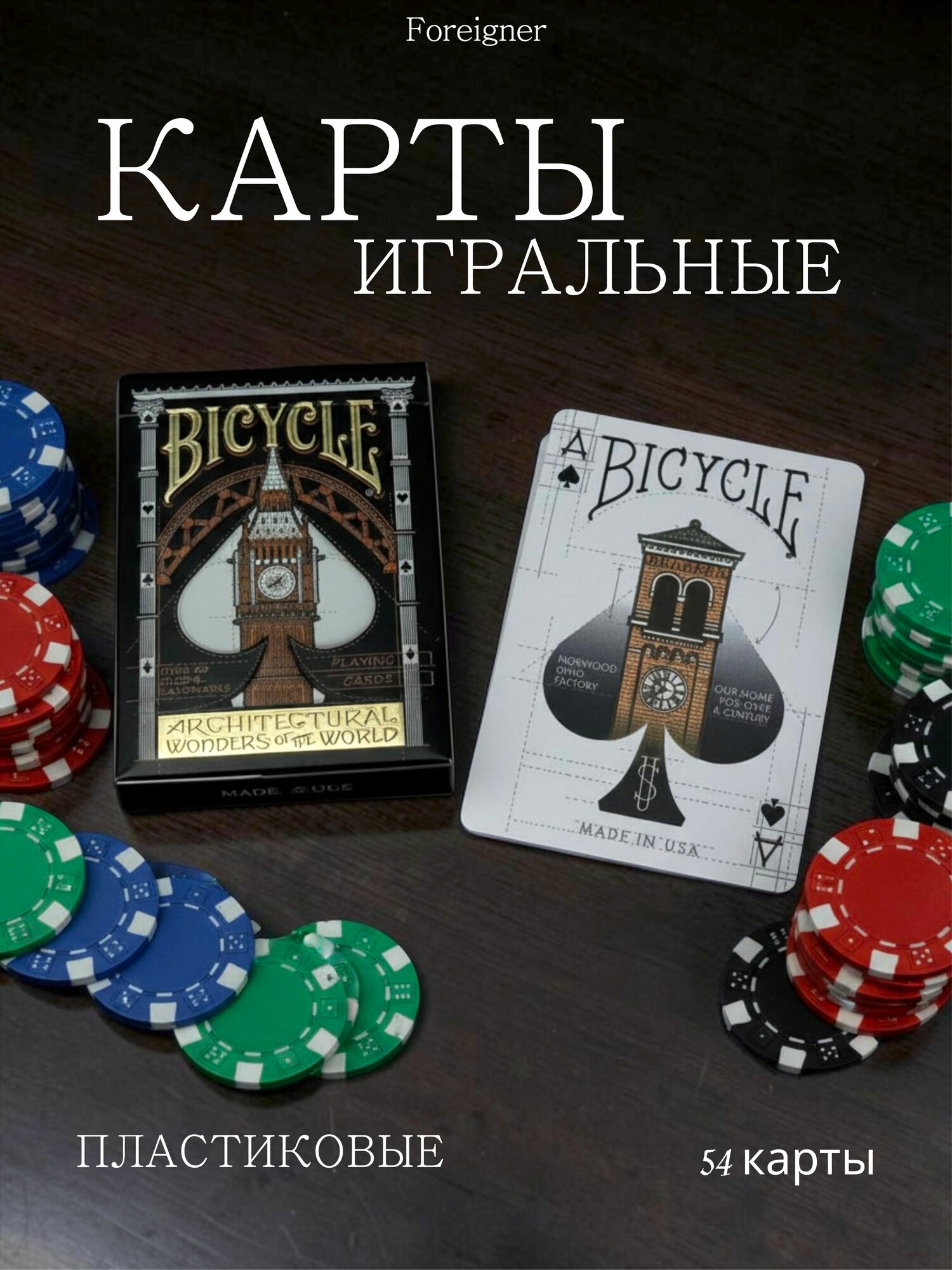 Карты игральные BICYCLE пластиковые 54 шт, для покера, карточных игр и досуга