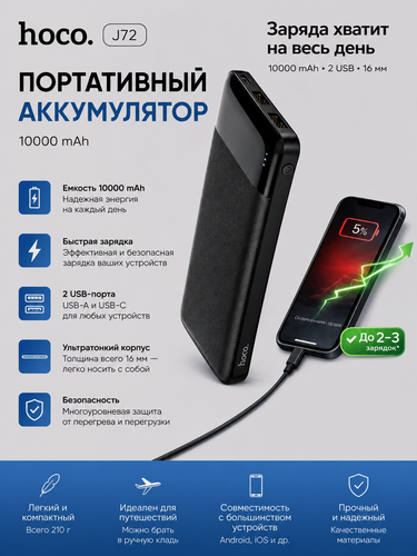 Изображение товара Портативный аккумулятор Hoco J72 QC 3.0 10000mAh, ABS-пластик, ультратонкий повербанк, чёрный