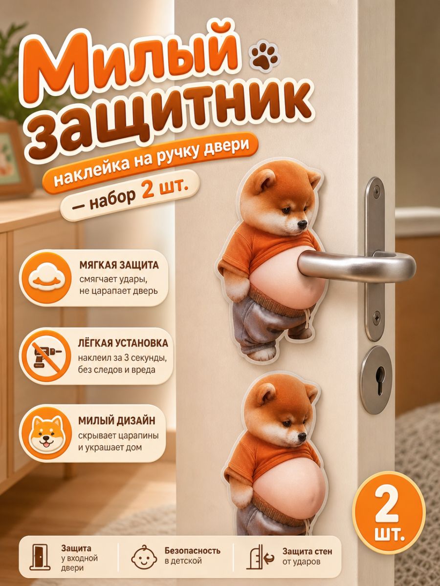 Декоративная наклейка для стен 2в1, 9*12 см с милым щенком сиба-ину, силиконовый амортизатор от ударов дверной ручки, маскирует дефекты стен, не оставляет следов