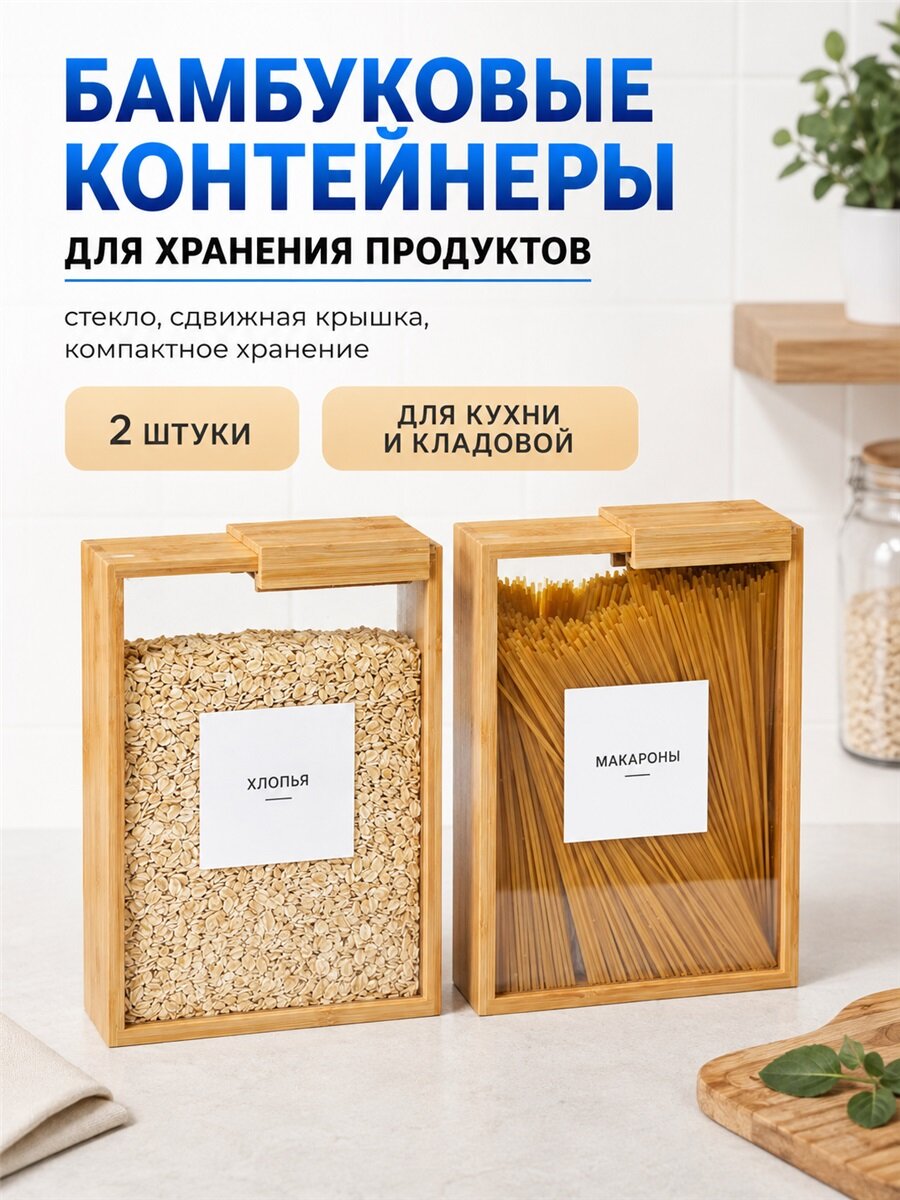 Контейнеры бамбуковые набор из 2 шт стеклянная вставка сдвижная крышка компактное хранение круп макарон на кухне и в кладовой
