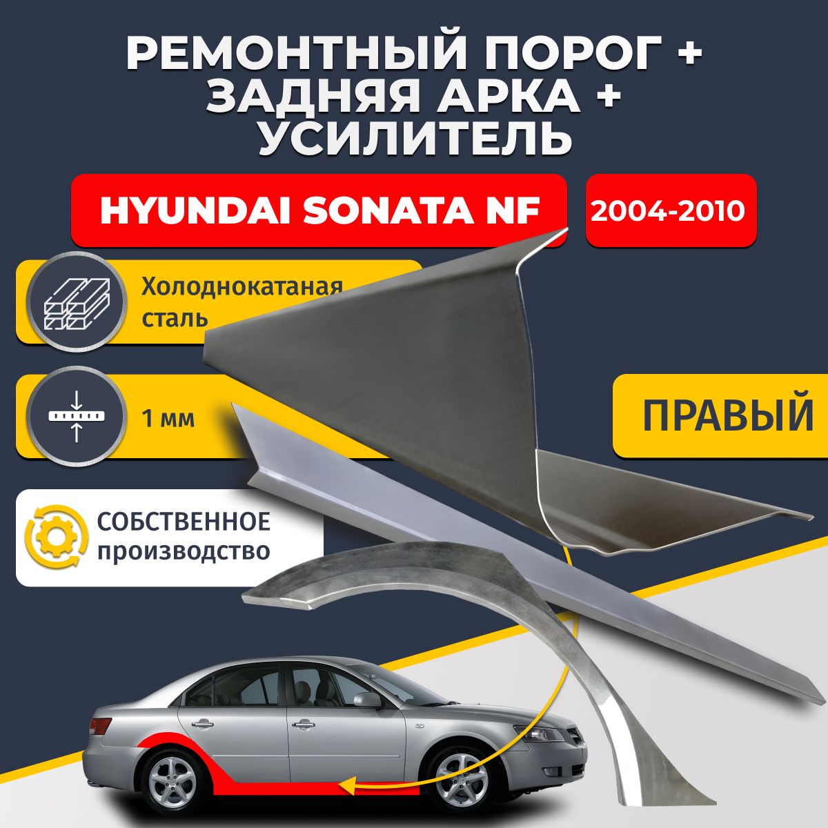 Правая ремонтная задняя арка (0,8 мм) и правый ремонтный стандартный порог (1 мм) + усилитель (1 мм) на Hyundai Sonata 2004-2010 5 NF седан (Хендай Соната 5 НФ). Материал холоднокатаная сталь.