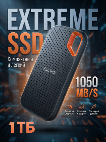 Изображение товара 1 ТБ Внешний SSD SanDisk Extreme Portable V2, USB 3.2 Gen 2 Type-C, черный