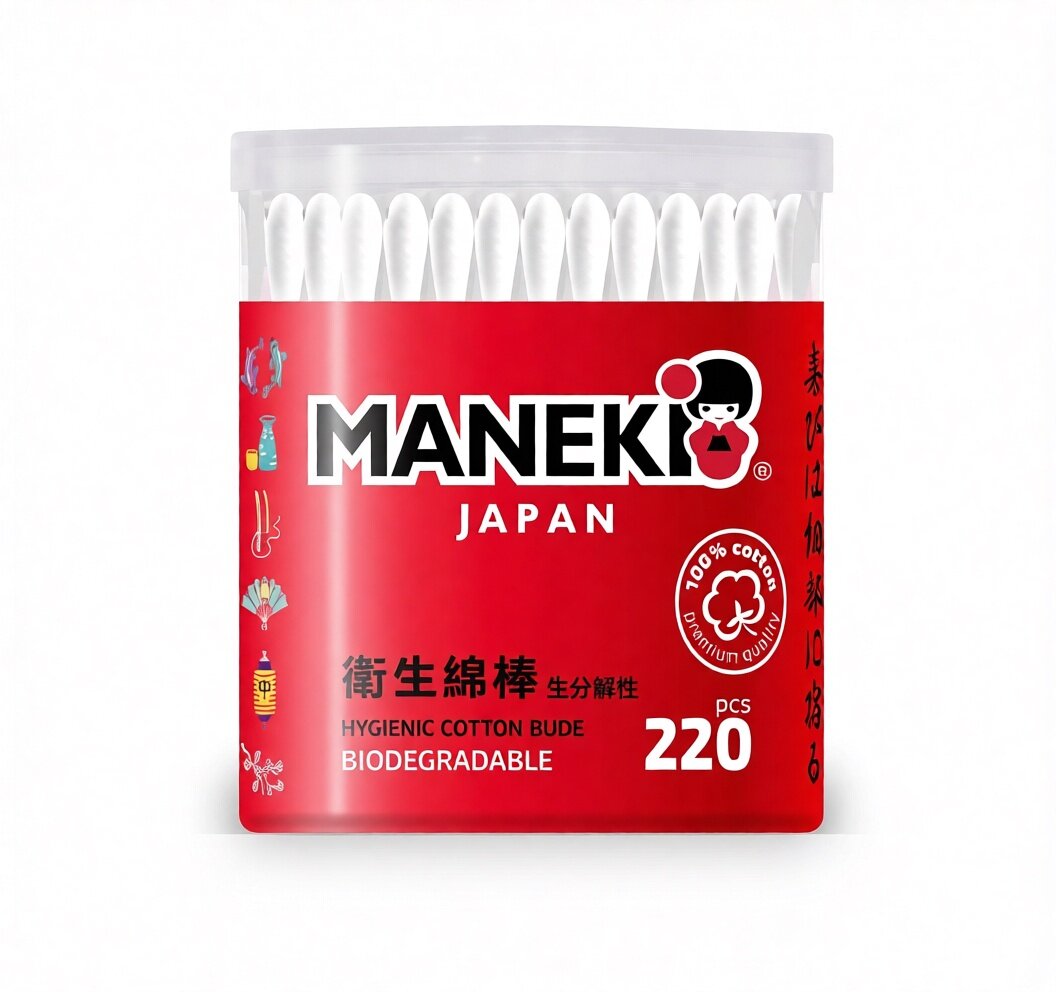 Палочки ватные Maneki RED в пластиковом стакане, 100% хлопок, 220 шт.