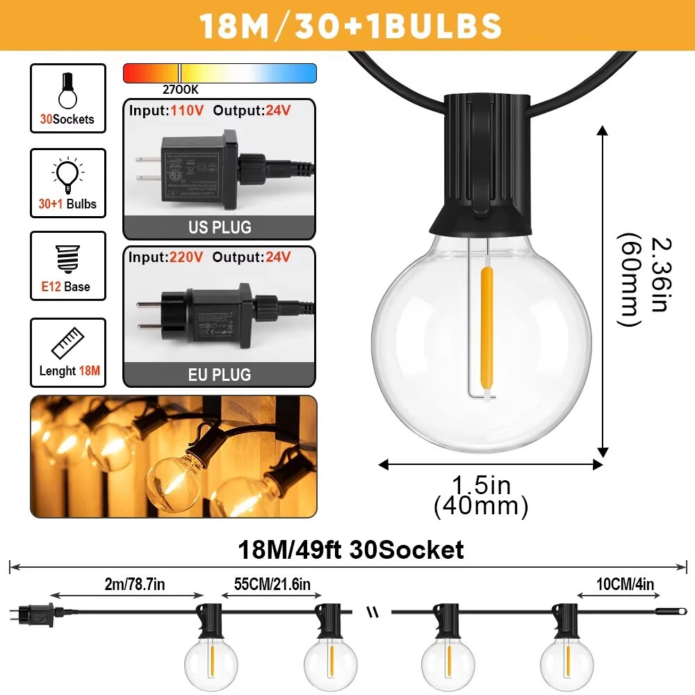 LED гирлянда Grensk G40 E12, 18M, 30 ламп, EU Plug