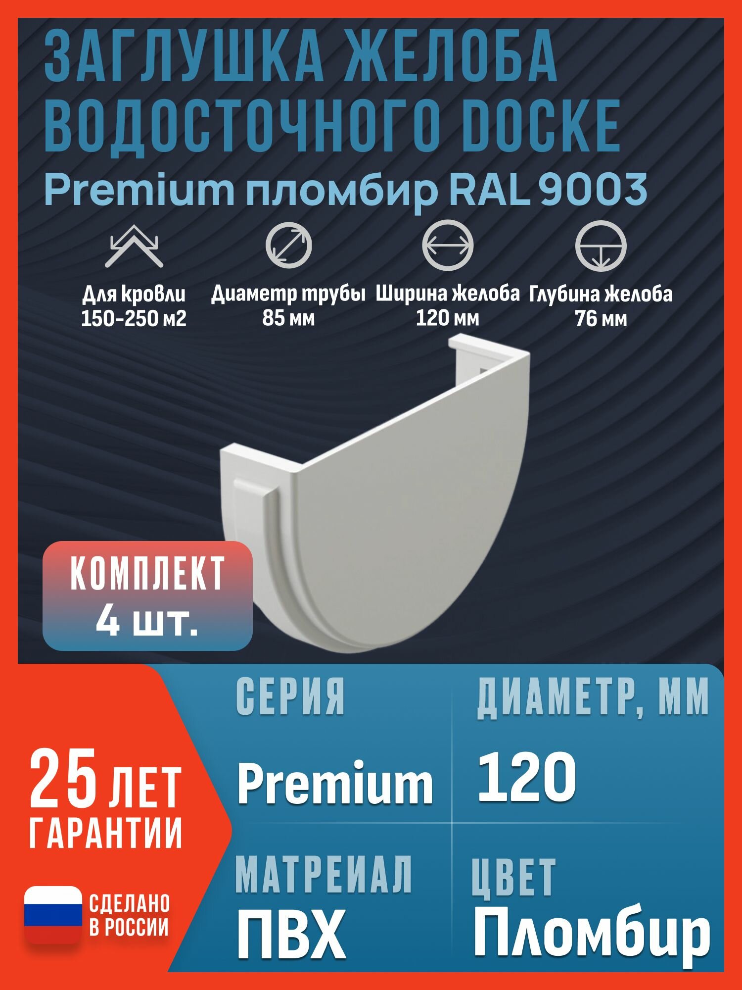 Заглушка желоба водосточного Docke Premium, пломбир (RAL 9003), 4 шт. / Заглушка желоба Деке Премиум