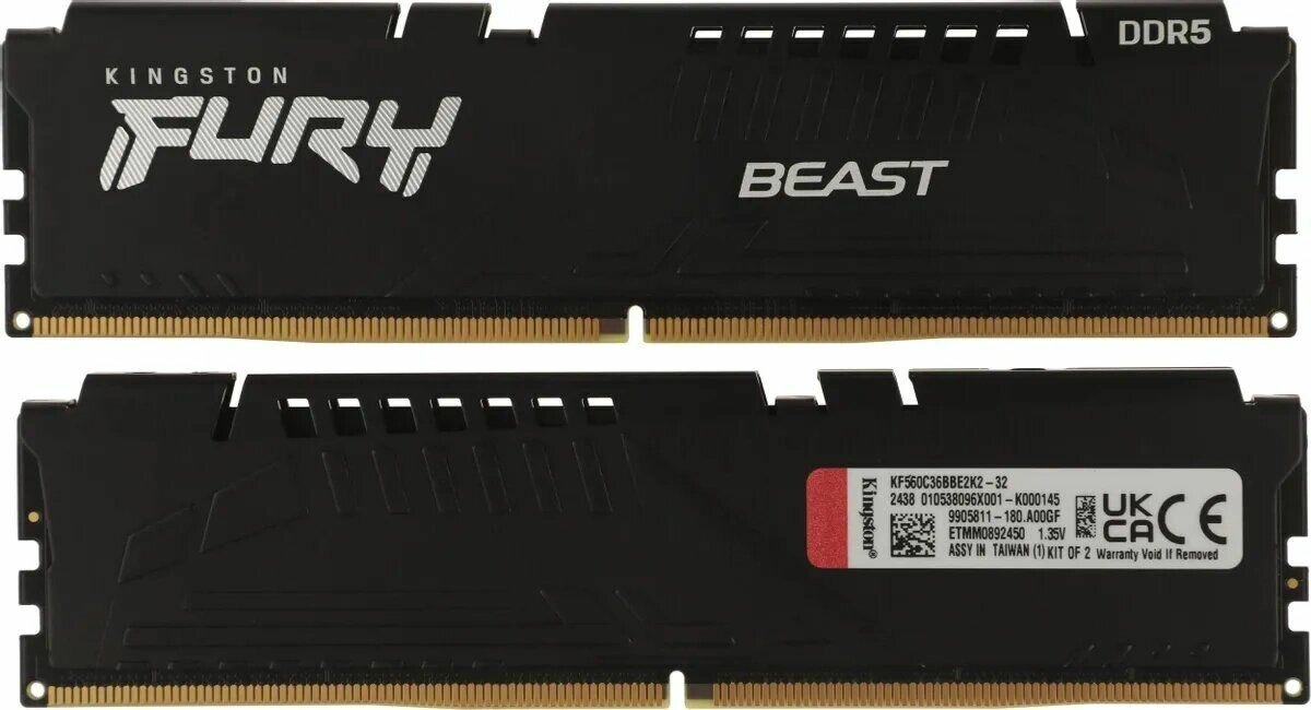 Оперативная память Kingston FURY Beast Black 32Гб, DDR5, 2х16 ГБ, 6000 МГц, 36-44-44 (KF560C36BBE2K2-32)