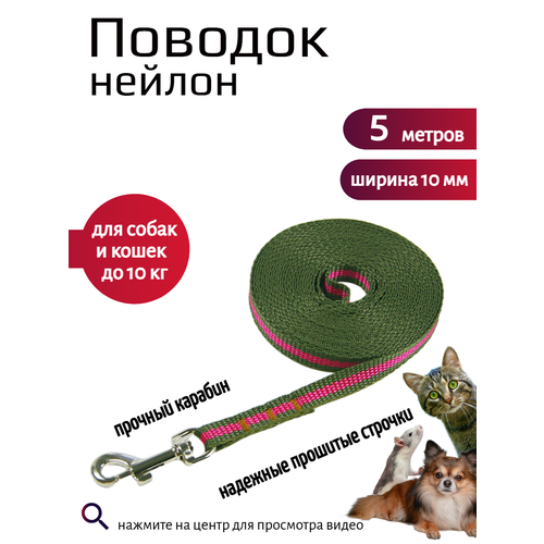 фото Поводок хвостатыч с карабином нейлон для мелких пород 5 м х 10 мм (зелено-красный)
