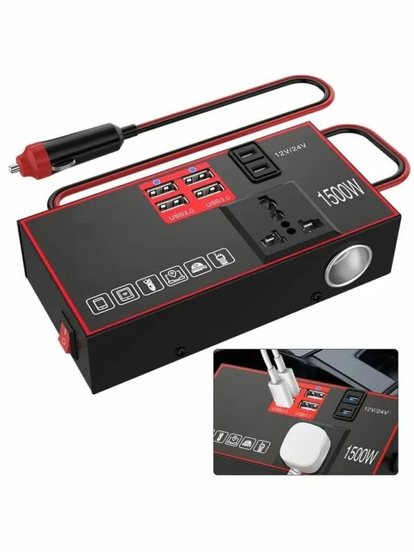 Автомобильный инвертор 12/24В → 220В 1500Вт с USB 3.0, монтаж на аккумулятор, питание ноутбуков и бытовых приборов
