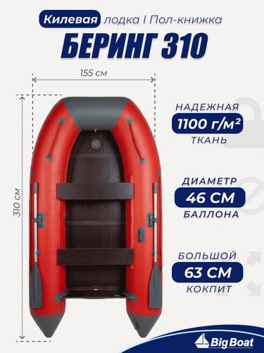 Изображение товара Надувная, под мотор, килевая лодка из ПВХ для рыбалки Bering (Беринг)310К пол-книжка