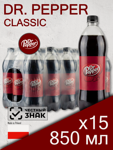 Изображение товара Dr. Pepper, 0.85л, 15 шт, пластиковая бутылка (газированный напиток Доктор Пеппер, классический, Польша)