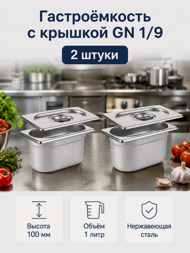 Изображение товара Гастроемкость GN 1/9-100 мм с крышкой, набор 2 шт, нержавеющая сталь