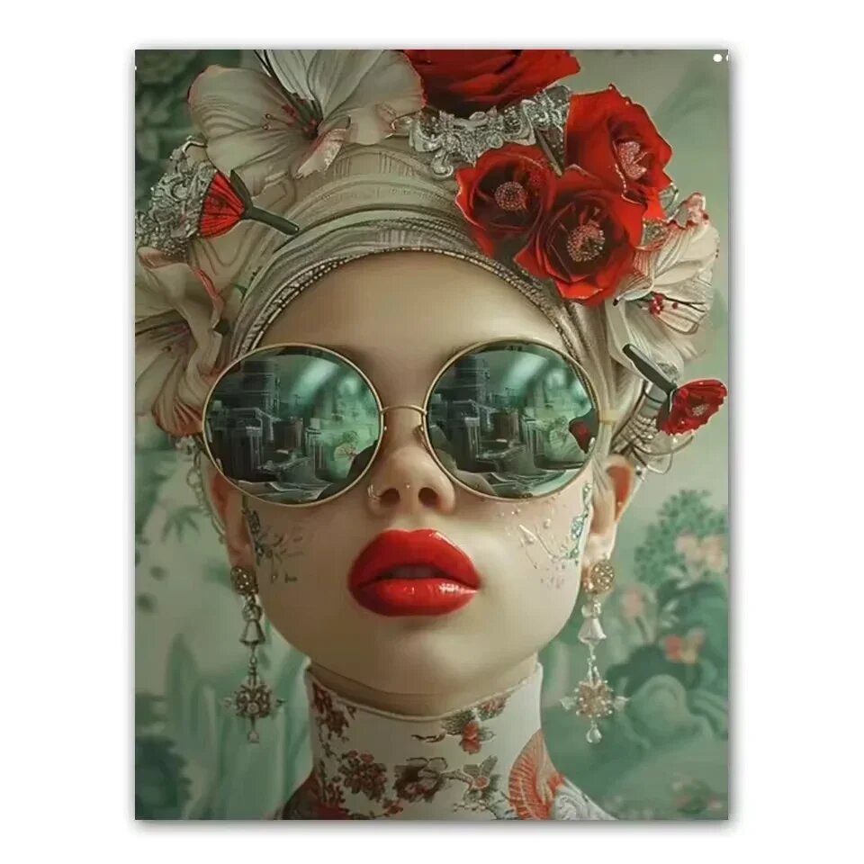 Картина "Красивая женщина в очках" на холсте Красный, az308-2, 30x40cm No Frame