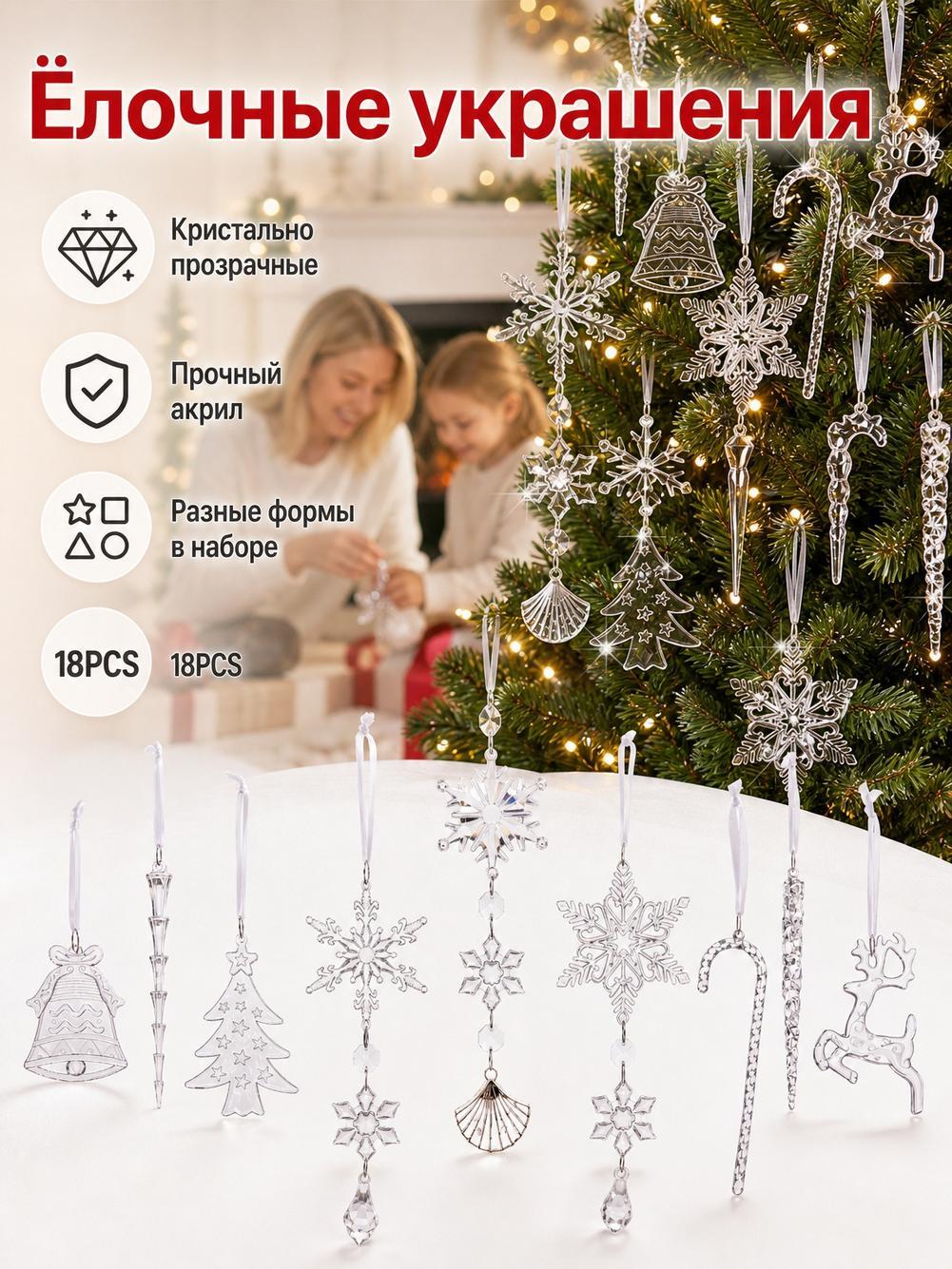 Прозрачные подвески-сосульки со снежинками, новогодний декор для ёлки