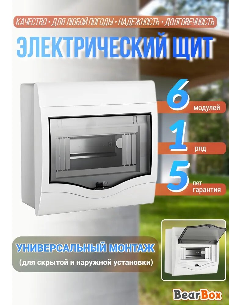 Универсальный пластиковый распределительный щит для скрытой и наружной установки (6 модулей)