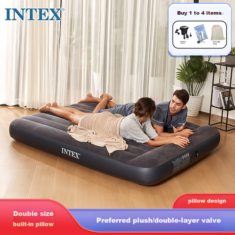 INTEX Двойная большая надувная кровать с встроенной подушкой и электронасосом для отдыха на природе и дома