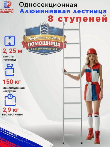 Изображение товара Лестница приставная алюминиевая 1х8, 8 ступеней, односекционная, до 150 кг, лёгкая, для дома, дачи и ремонта
