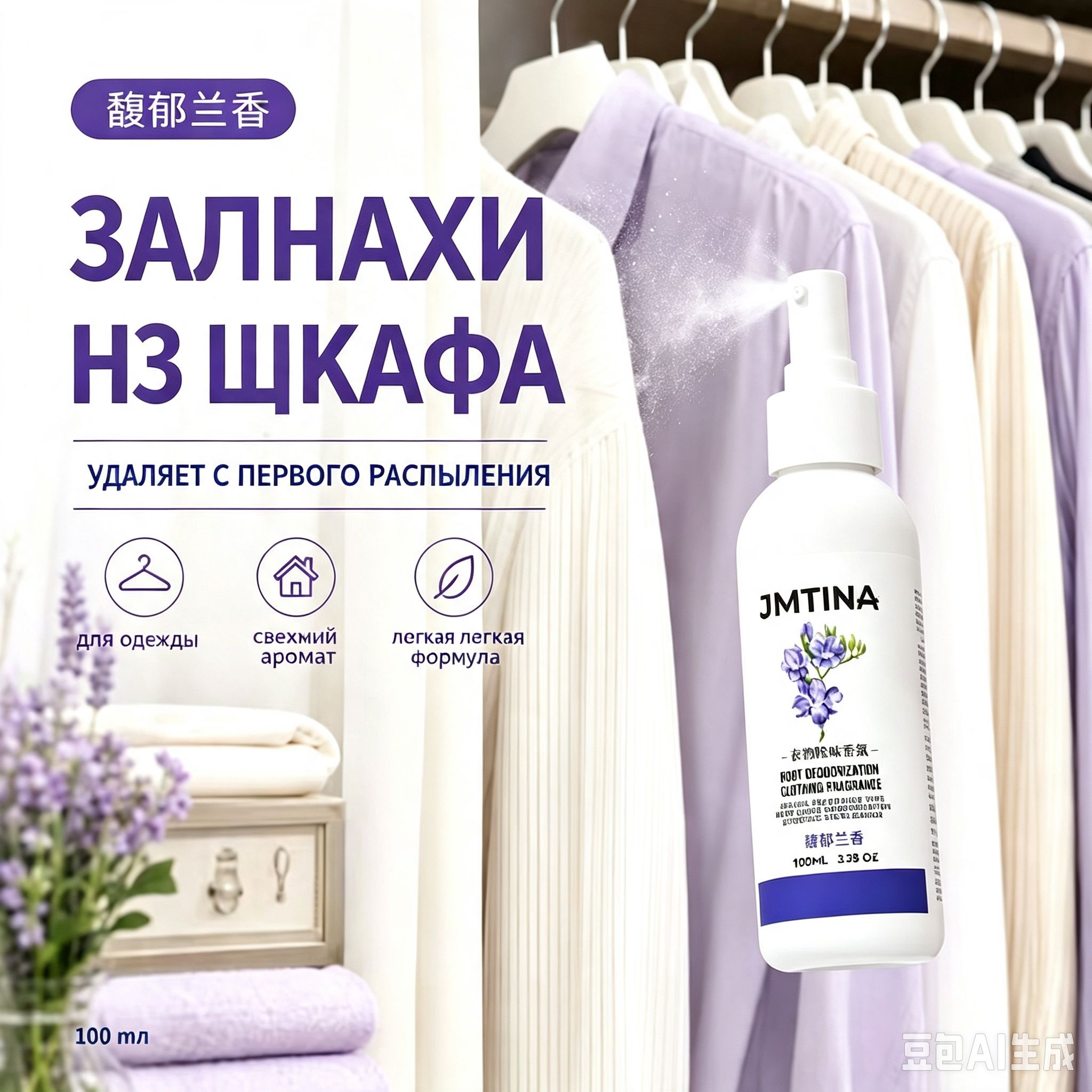 Ароматизатор Пудра - Экологичный спрей для белья, одежды и шкафов, 100 мл