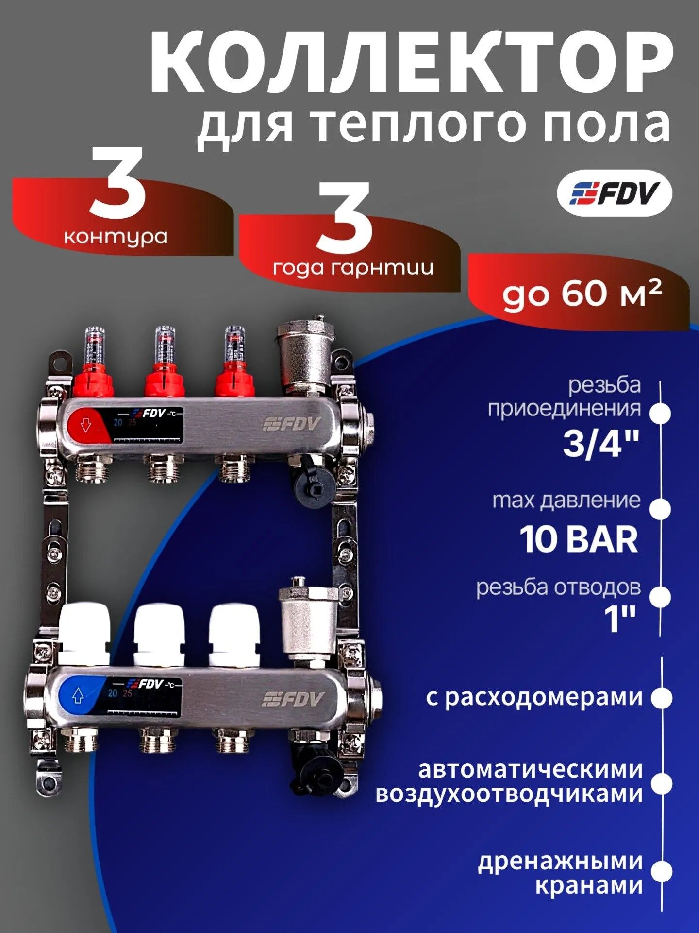 Коллектор для теплого пола 3 контура FDV из нержавеющей стали с расходомерами, автоматическими воздухотводчиками и дренажными кранами серия S1103C
