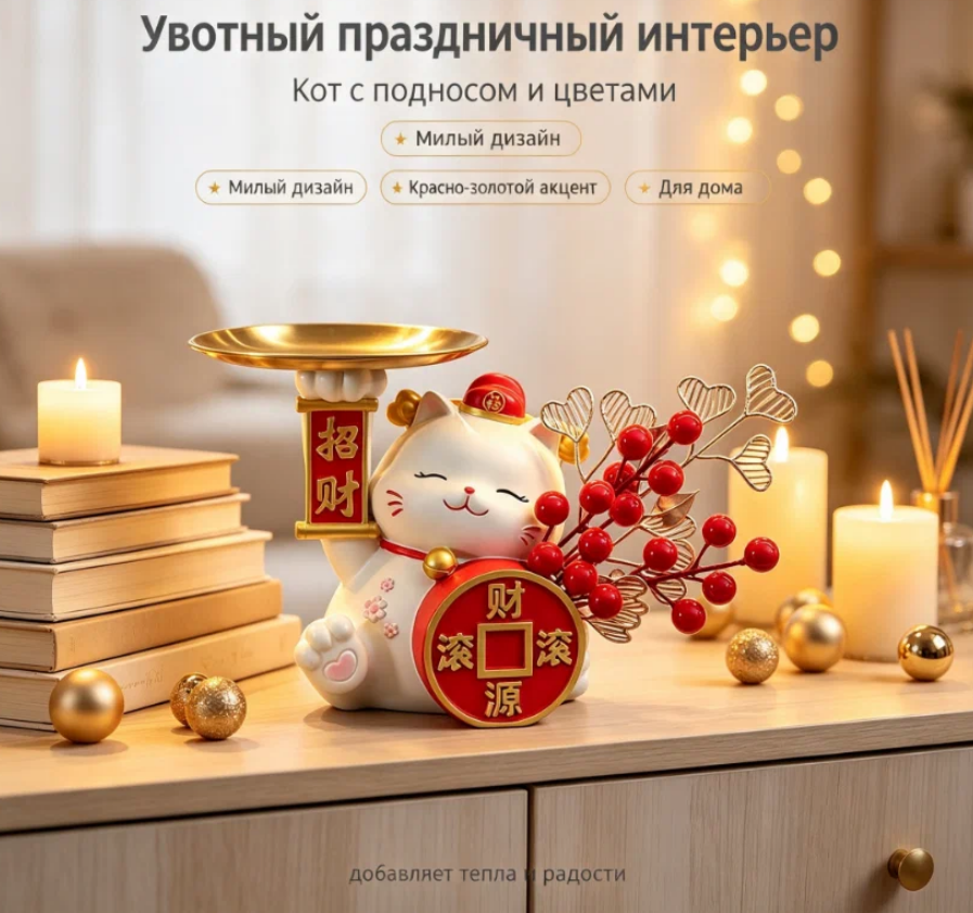 Декоративная статуэтка Манэки‑нэко с подносом, органайзер для ключей и украшений, сувенир на праздник