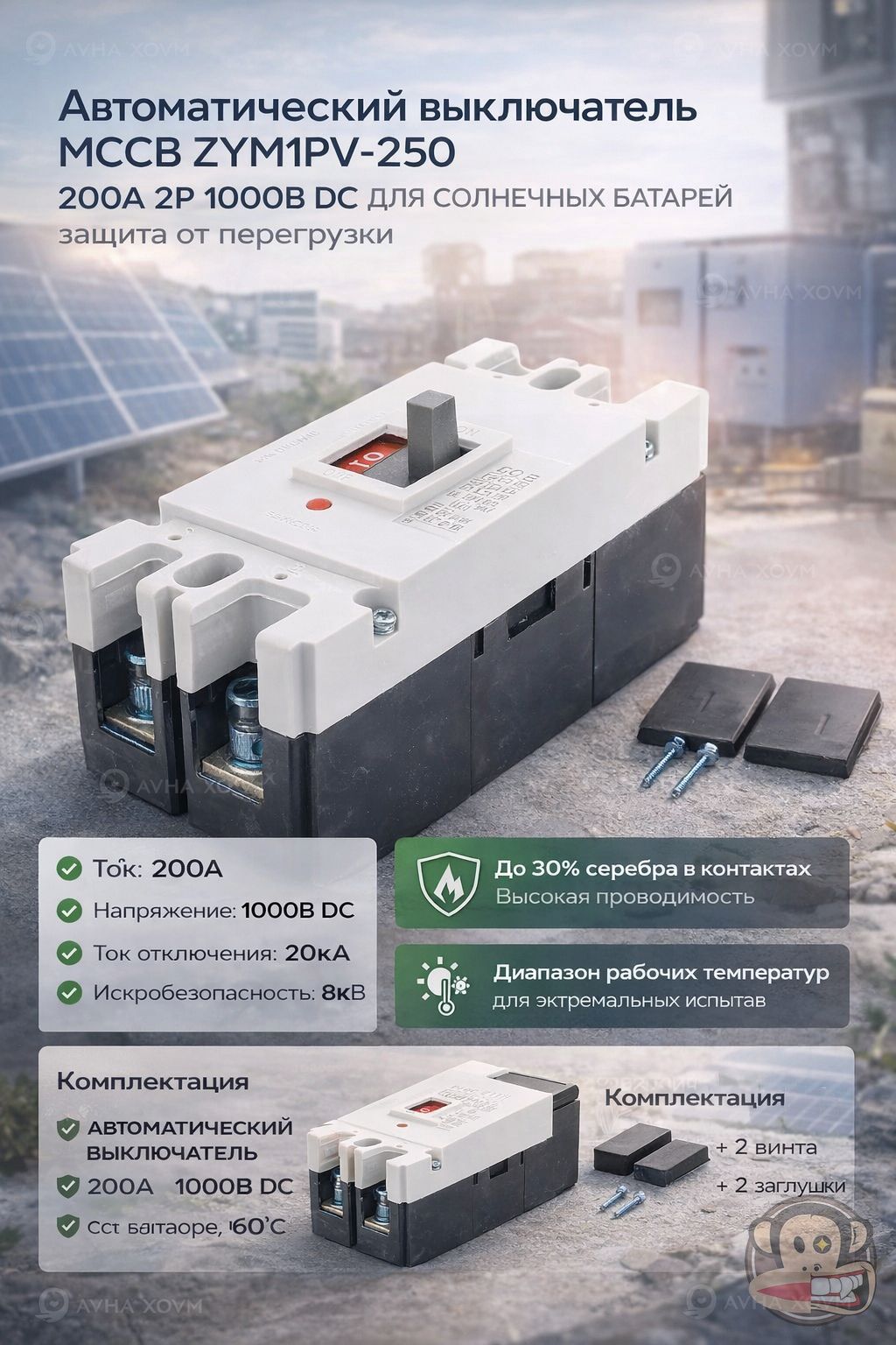 Автоматический выключатель MCCB ZYM1PV-250 200A 2P 1000В DC для солнечных батарей, защита от перегрузки