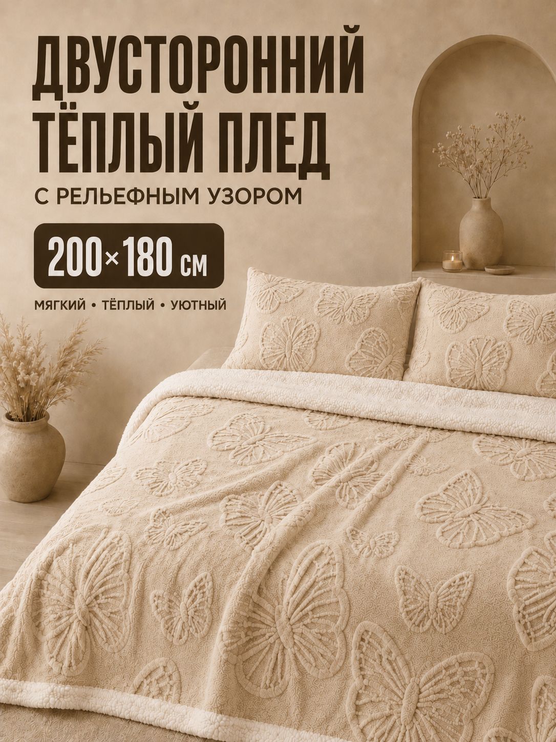 Плед 180см х 200см плюшевый, фактурный , Флис, Велсофт