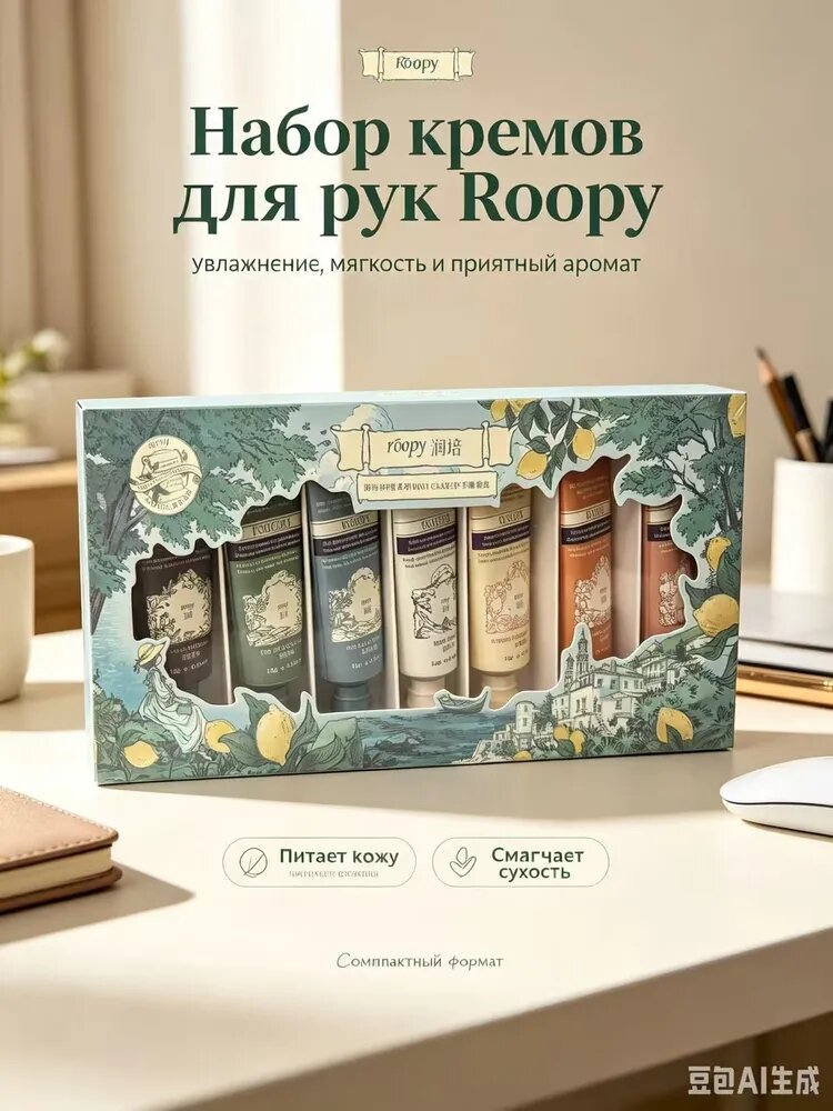 Roopy Поэтический сервис MINI CARE Набор увлажняющих кремов для рук (7x12г) коллекция из семи мини-флаконов с изысканными ароматами