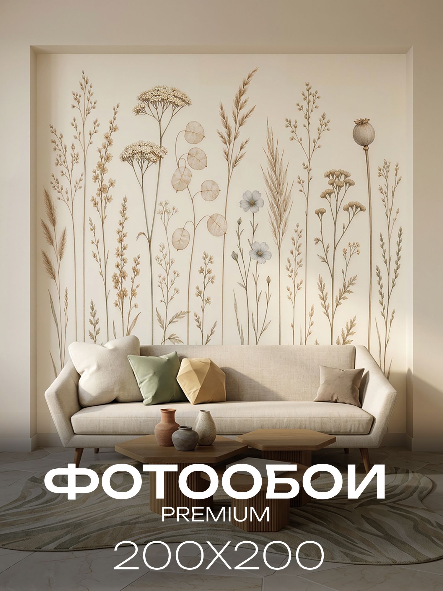 Фотообои флизелиновые на стену 3D 200х200 В спальню, в гостинную. Полевые травинки и цветы