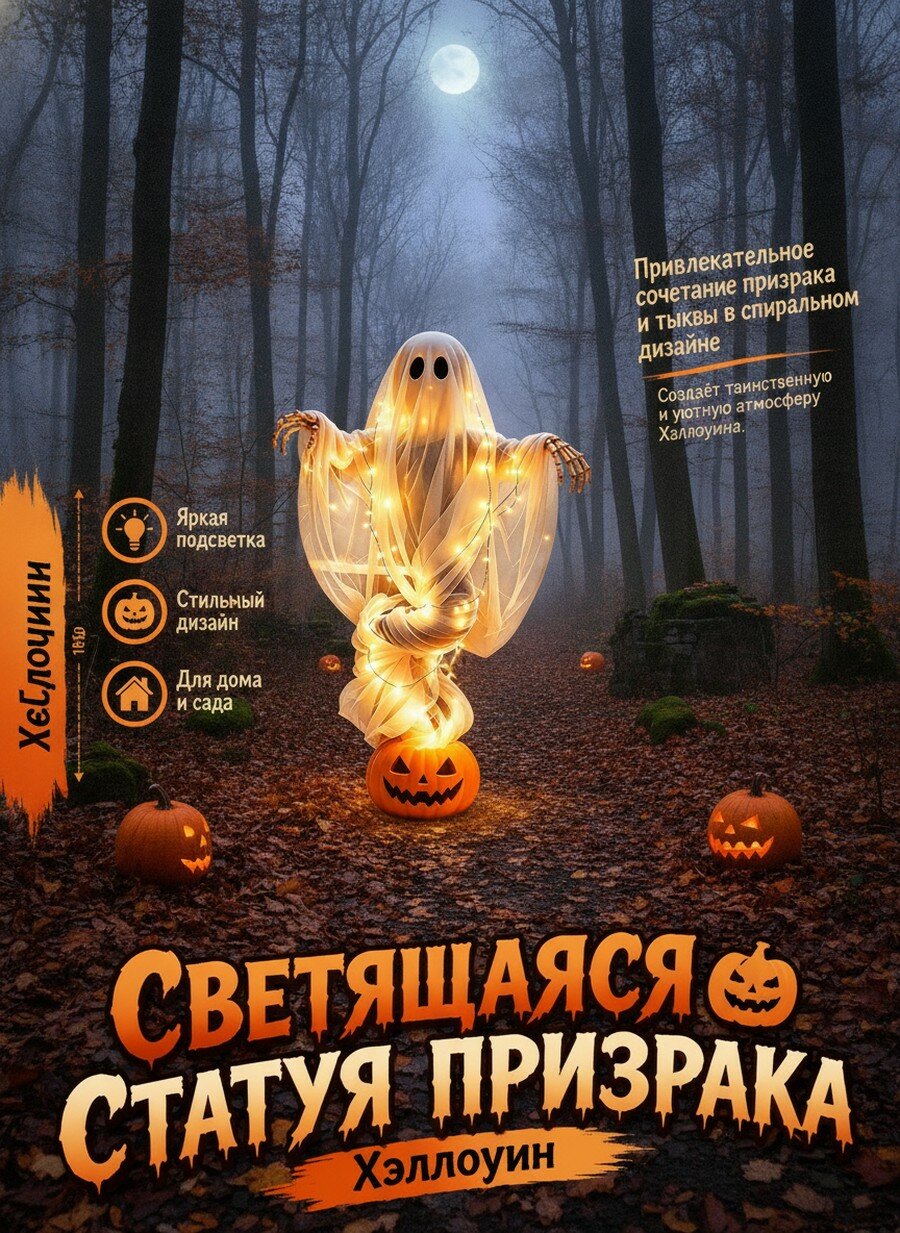 Светильник-призрак с вихревым дизайном для улицы на Хэллоуин, высота 130 см, с LED подсветкой и батареей
