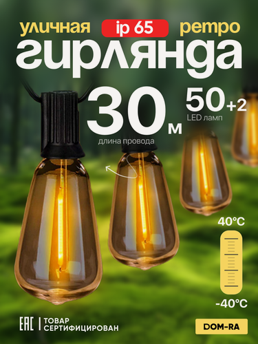 Изображение товара Электрогирлянда DOM-RA "Ретро", уличная, 50 светодиодов, 30 метров, черное/персиковое