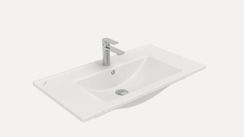 Изображение товара Мебельная раковина Creavit Su 85 накладная, фарфоровая, со встроенным сливом-переливом, белая, глянцевая, раковина для ванной, прямоугольная