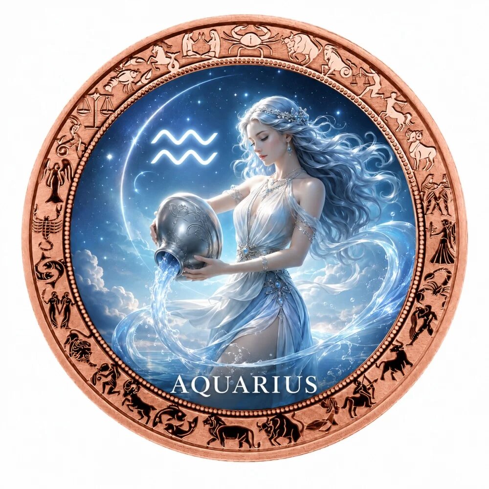 Монеты из меди с изображением богинь зодиака 1 унция Aquarius