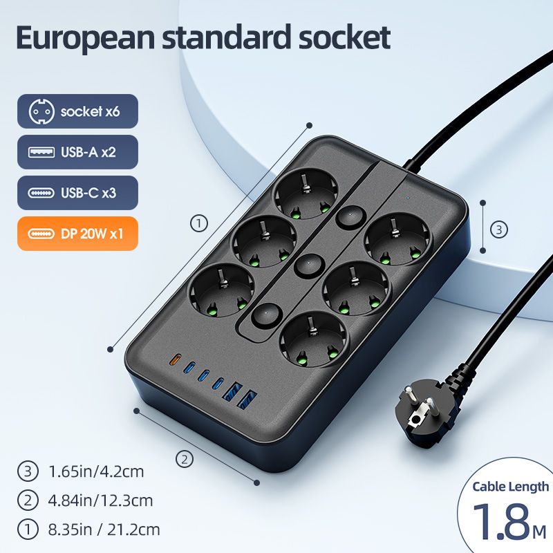 Удлинитель LIDNO LD801 с USB/Type-C, черный, 2м