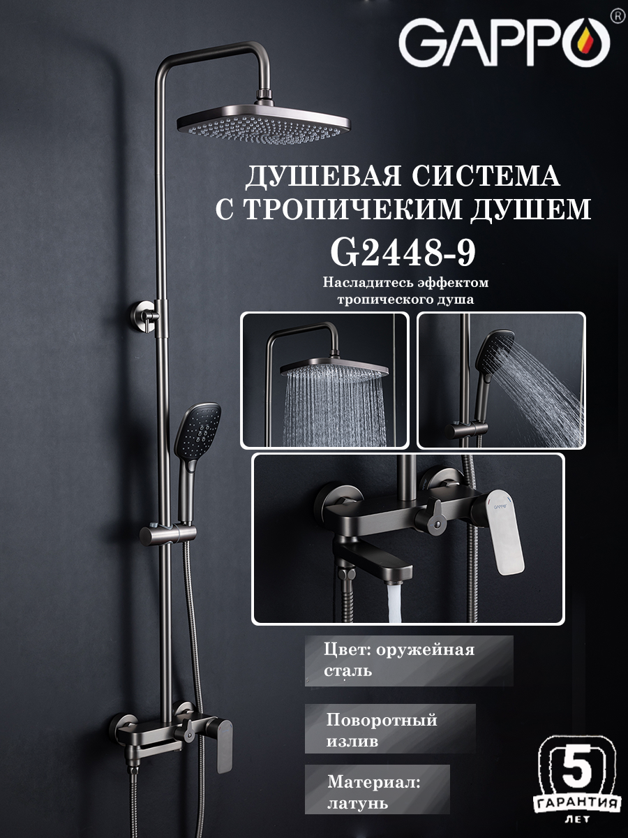Душевая система с тропическим душем Gappo G2448-9, цвет оружейная сталь, материал латунь