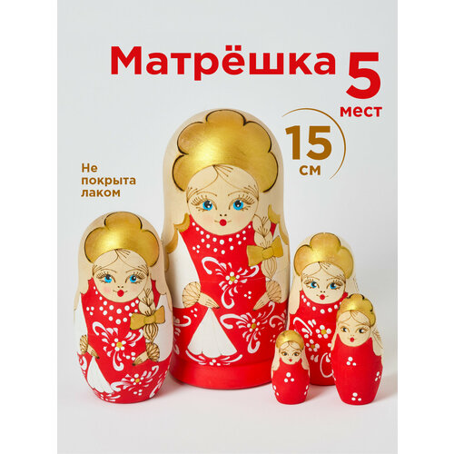 фото Матрешка деревянная авторская с техникой выжигания 5 мест 15 см красная сувенир azhna ажна