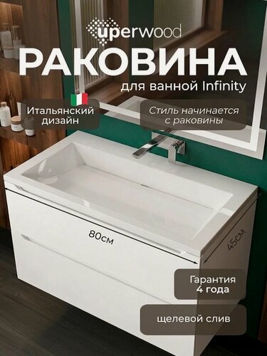 Изображение товара Раковина Uperwood Infinity, в ванную, без отверстия под смеситель, белая глянцевая, 80 см