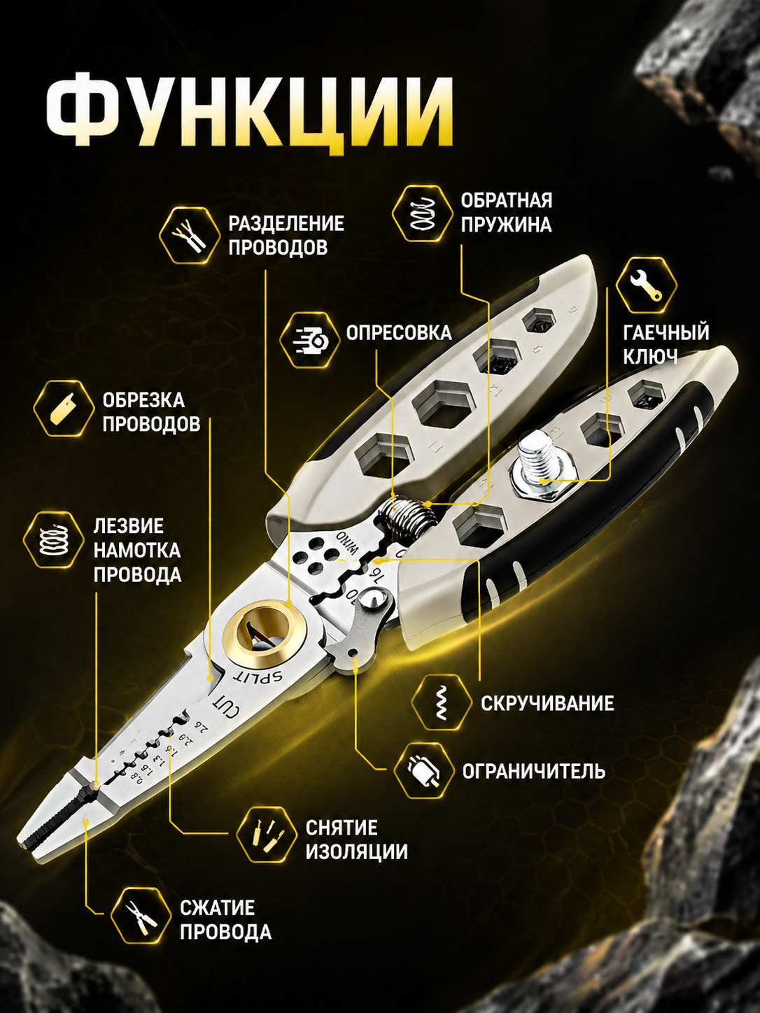 Стриппер-Кримпер Dystate, для зачистки и опрессовки проводов, многофункциональный, 20 мм — фото 1
