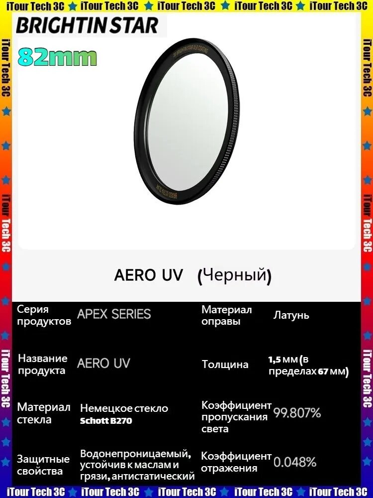 Светофильтр UV AERO от BrightinStar: латунная оправа, сверхнизкое отражение, антибликовое покрытие, защитное покрытие NANO IMC