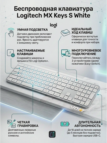 Изображение товара Беспроводная клавиатура Logitech MX Keys S White (русско-английская раскладка | гравировка с подсветкой)