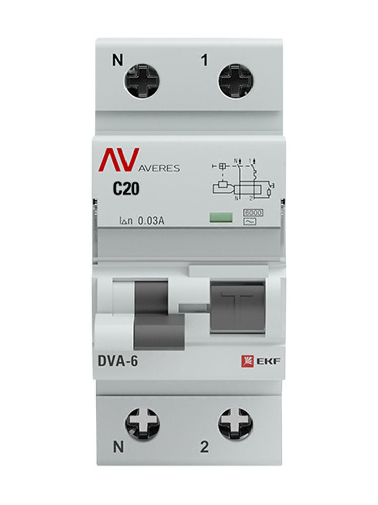 Автомат дифференциальный EKF Averes DVA-6 20А 30 мА 1P+N тип АС 6 кА (rcbo6-1pn-20C-30-ac-av)