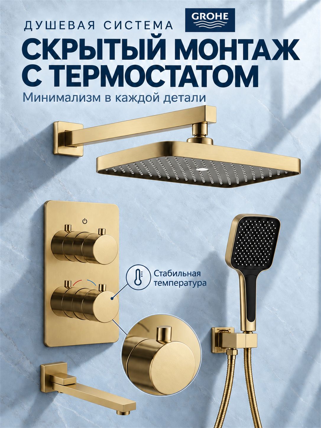 Встраиваемая термостатическая душевая система GROHE (включая излив для ванны, верхний душ и ручной душ)