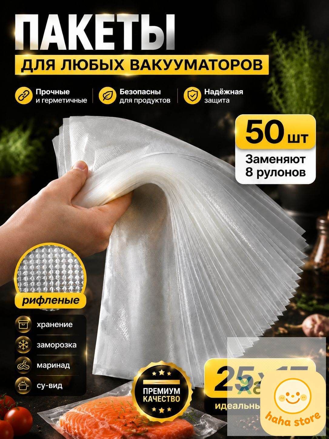 Пакеты для вакууматора рифленые, для хранения и заморозки продуктов, прозрачные 17х25 50штук