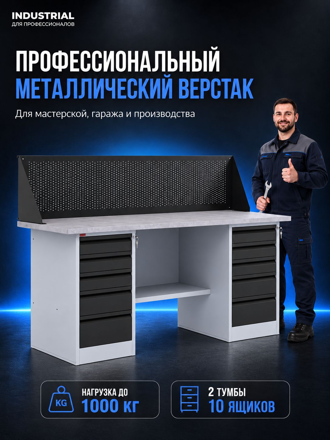 Верстак металлический двухтумбовый пакс c перфорированным экраном и выдвижными ящиками(телескопические), 1600 мм, для гаража, автосервиса, СТО и мастерской, универсальный