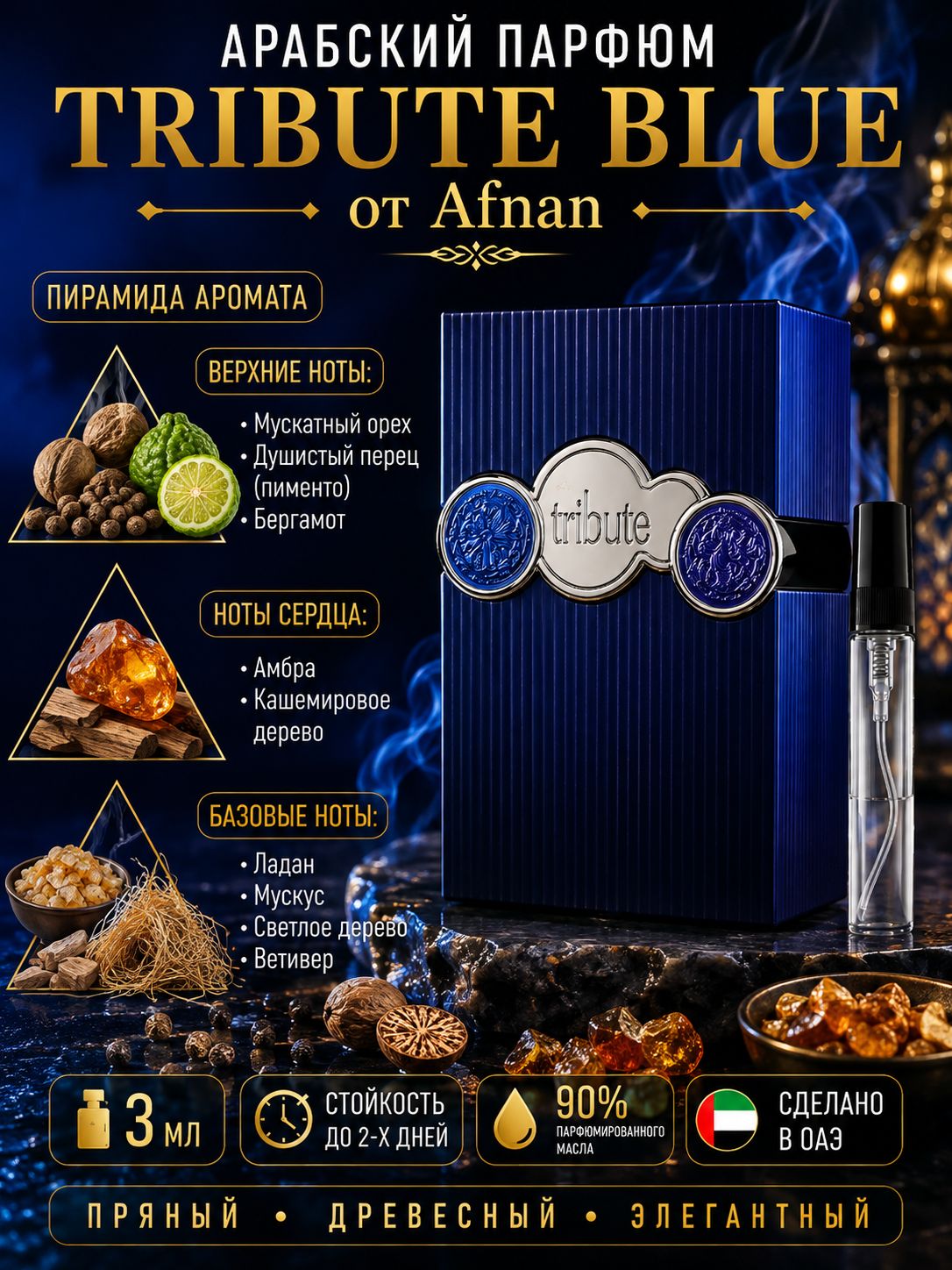 Духи арабские стойкие маленькие Tribute Blue Afnan Perfumes , парфюм, 3 мл