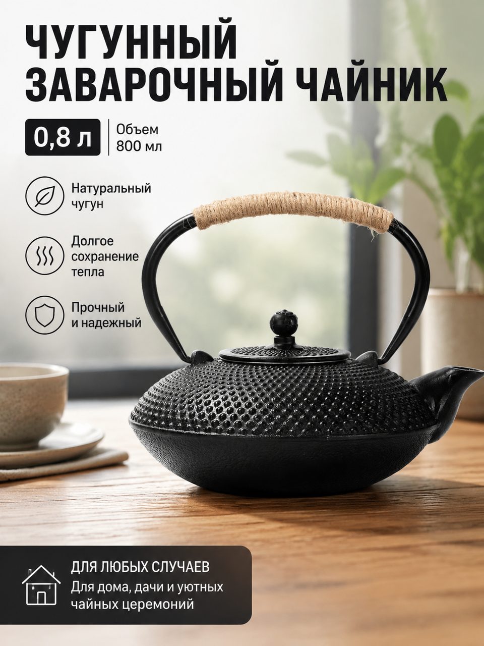 Чугунный заварочный чайник, 0,8л, черный, матовая поверхность