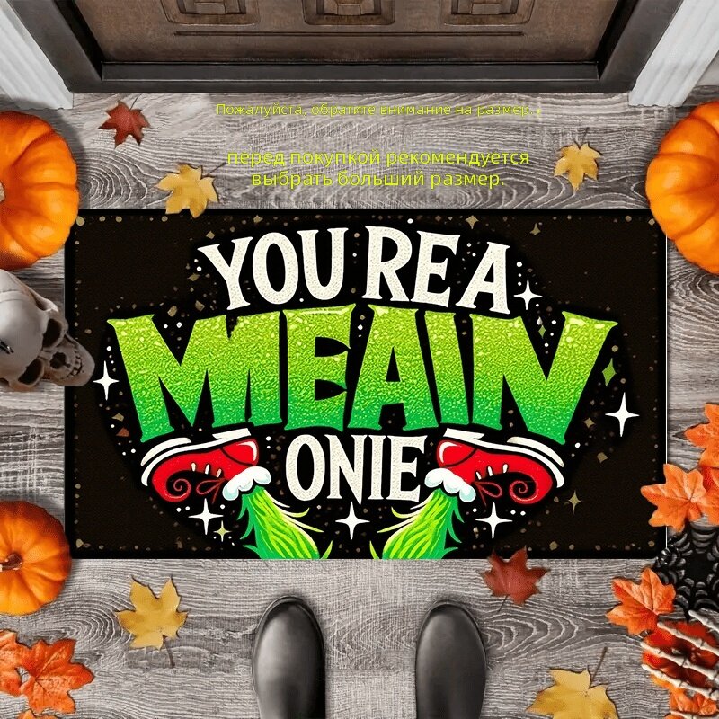 Коврик напольный 40×60 см, 1 шт, с графическим дизайном «You're a Mean One» и зеленым текстом, праздничные элементы (Рождество, Хэллоуин), мягкий, впитывающий, нескользящий, моющийся, легкий в уходе, прочный, быстро сохнет, для прихожей, к