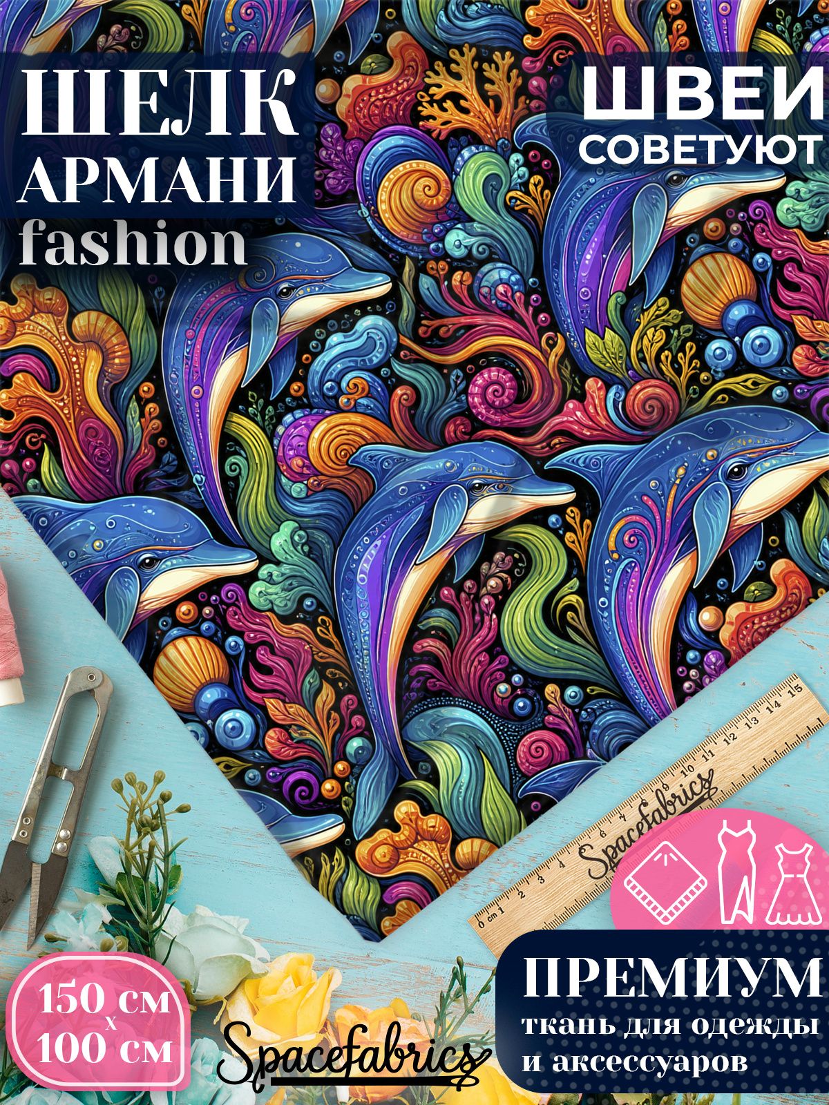 Ткань для шитья шелк Армани, искусственный атлас шелк для костюмов, платьев, юбок с принтом Дельфины